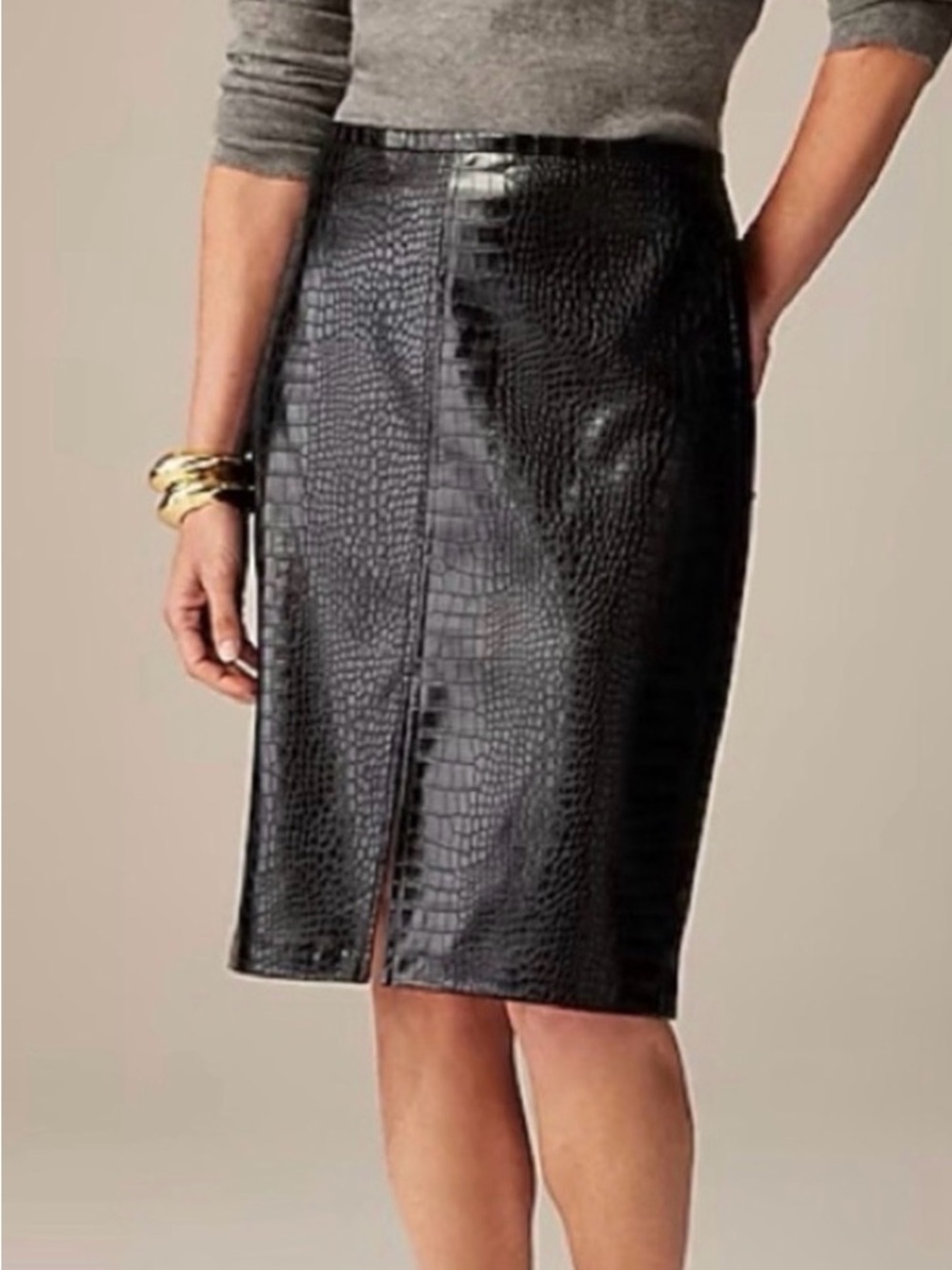 J. Crew Black Faux Croc Pencil Skirt with Front Slit